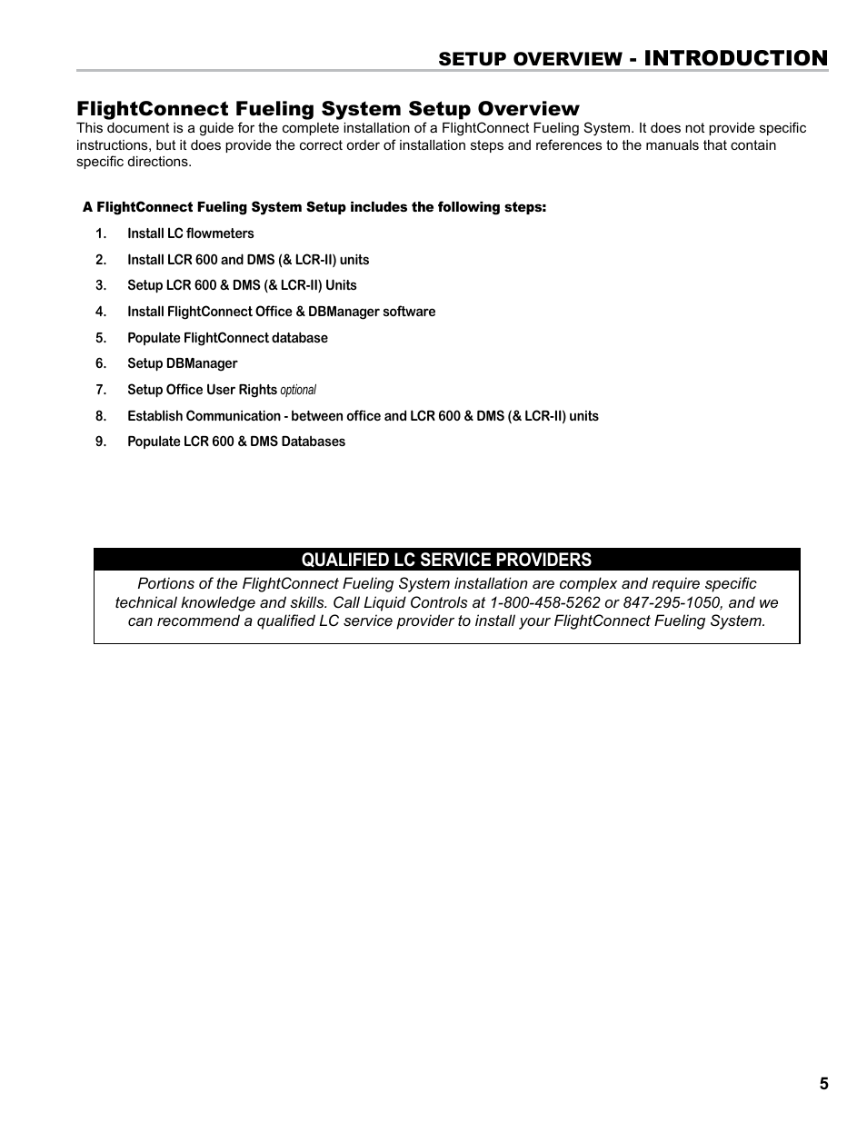 Introduction, Flightconnect fueling system setup overview, Setup overview | Qualified lc service providers | Liquid Controls FlightConnect Setup Guide User Manual | Page 5 / 8