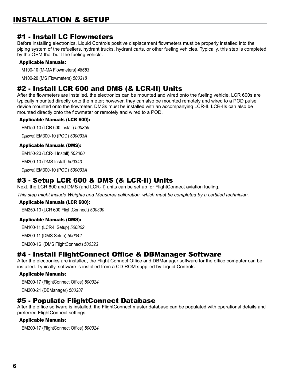 Installation & setup, 1 - install lc flowmeters, 2 - install lcr 600 and dms (& lcr-ii) units | 3 - setup lcr 600 & dms (& lcr-ii) units, 5 - populate flightconnect database | Liquid Controls FlightConnect Setup Guide User Manual | Page 6 / 8