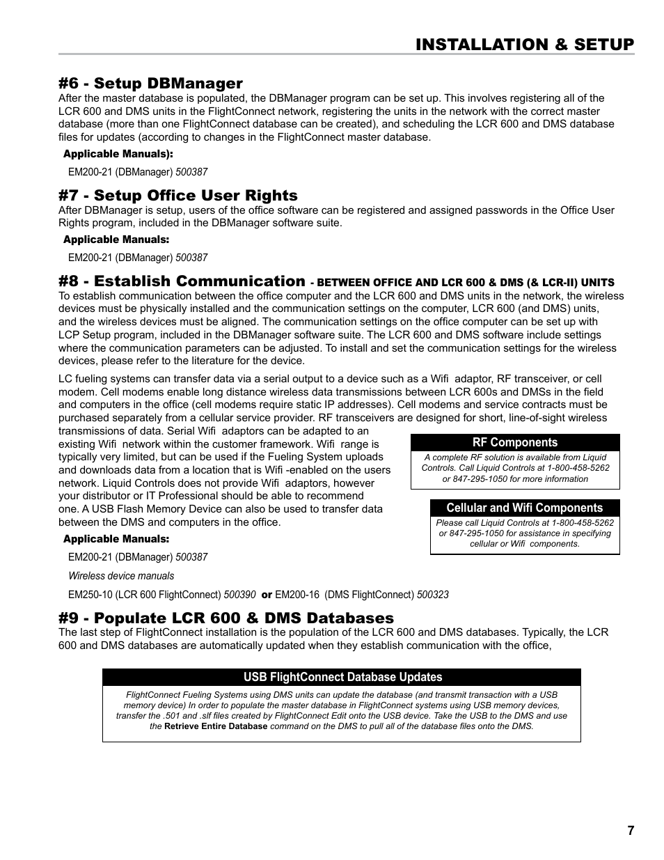 Installation & setup, 6 - setup dbmanager, 7 - setup office user rights | 8 - establish communication, 9 - populate lcr 600 & dms databases | Liquid Controls FlightConnect Setup Guide User Manual | Page 7 / 8