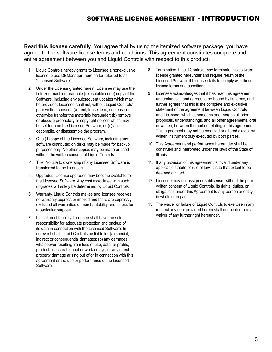 Introduction, Software license agreement | Liquid Controls DB Manager User Manual | Page 3 / 20