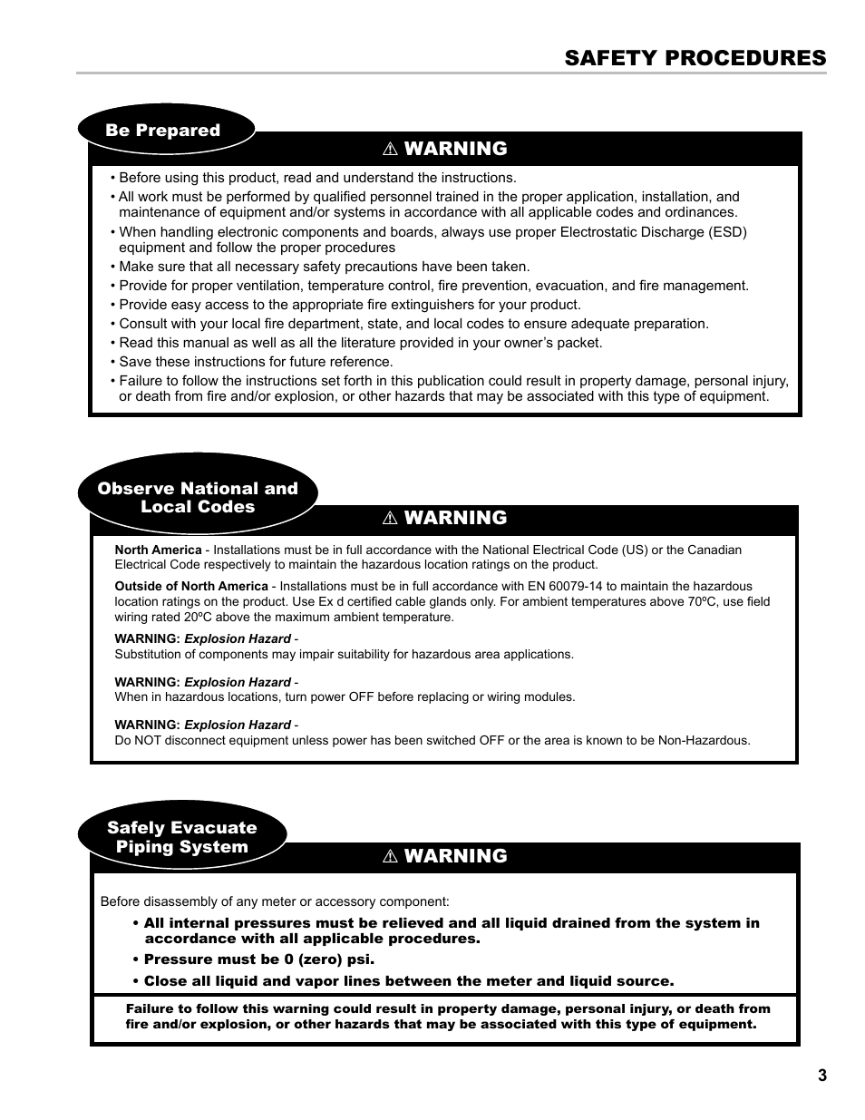 Safety procedures, Warning, Warning be prepared | Liquid Controls POD User Manual | Page 3 / 16