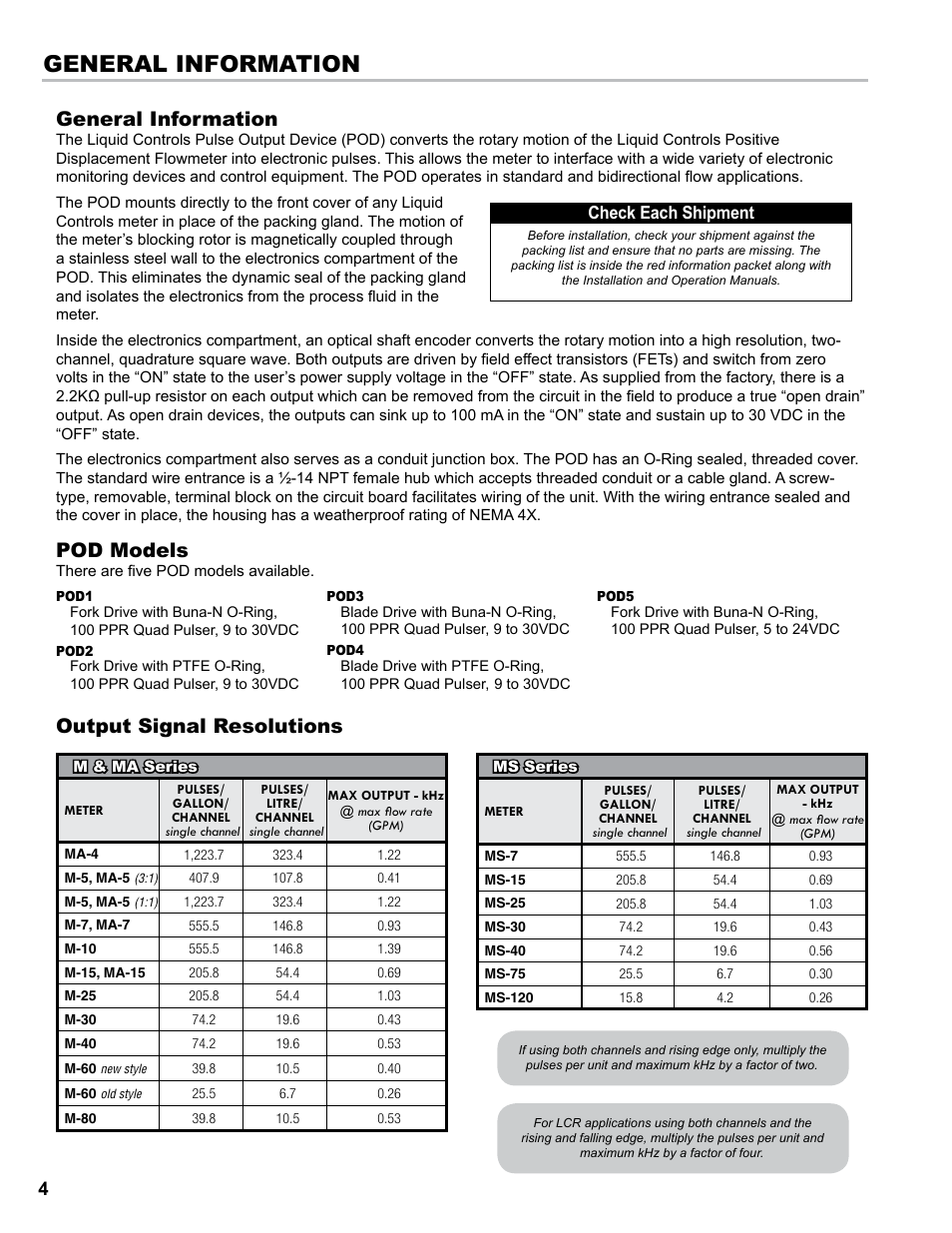 General information, Pod models, Output signal resolutions | Liquid Controls POD User Manual | Page 4 / 16