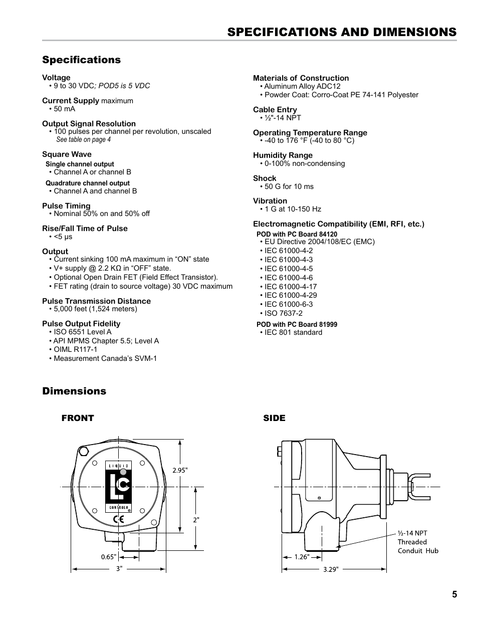 Specifications and dimensions, Specifications, Dimensions | Liquid Controls POD User Manual | Page 5 / 16