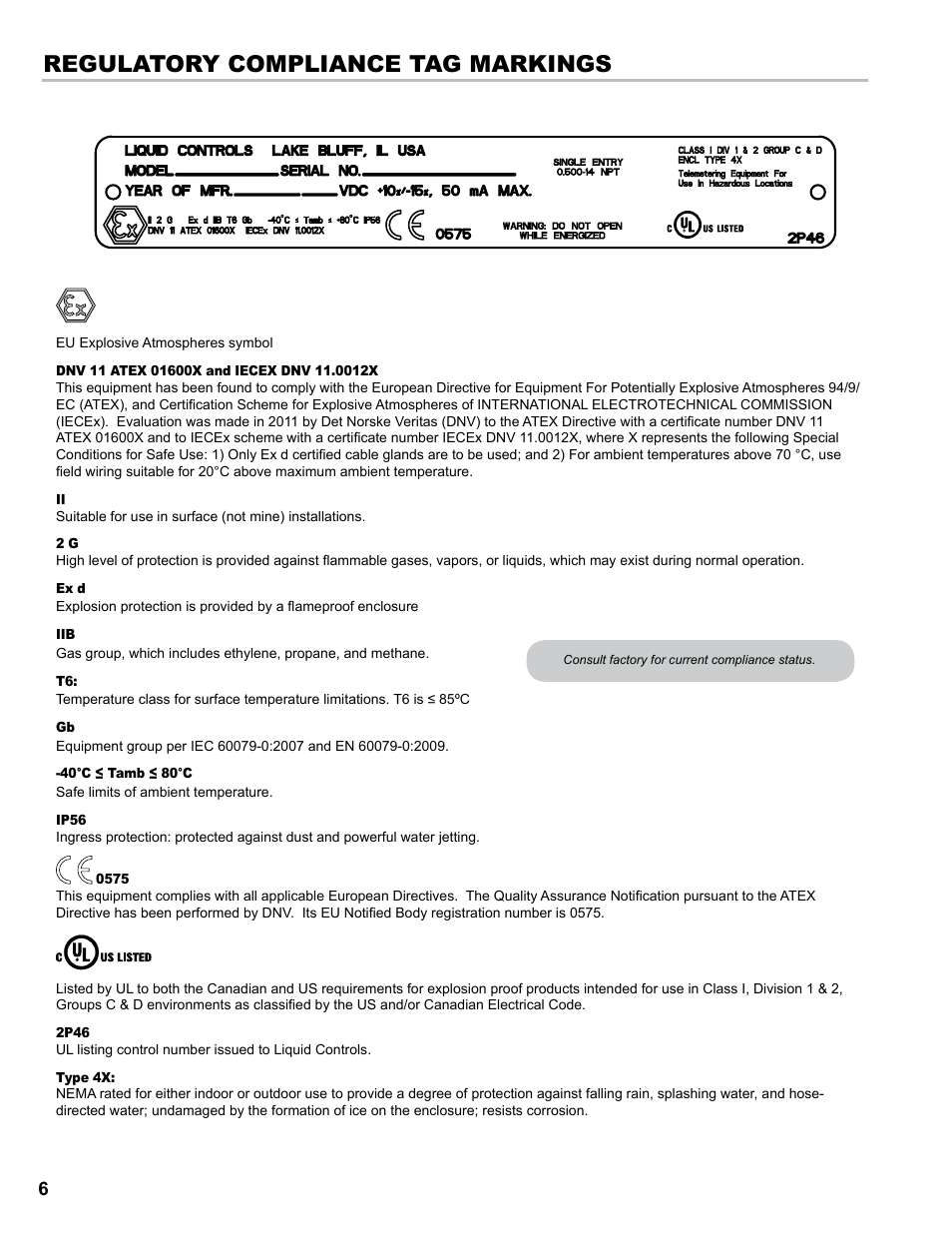 Regulatory compliance tag markings | Liquid Controls POD User Manual | Page 6 / 16