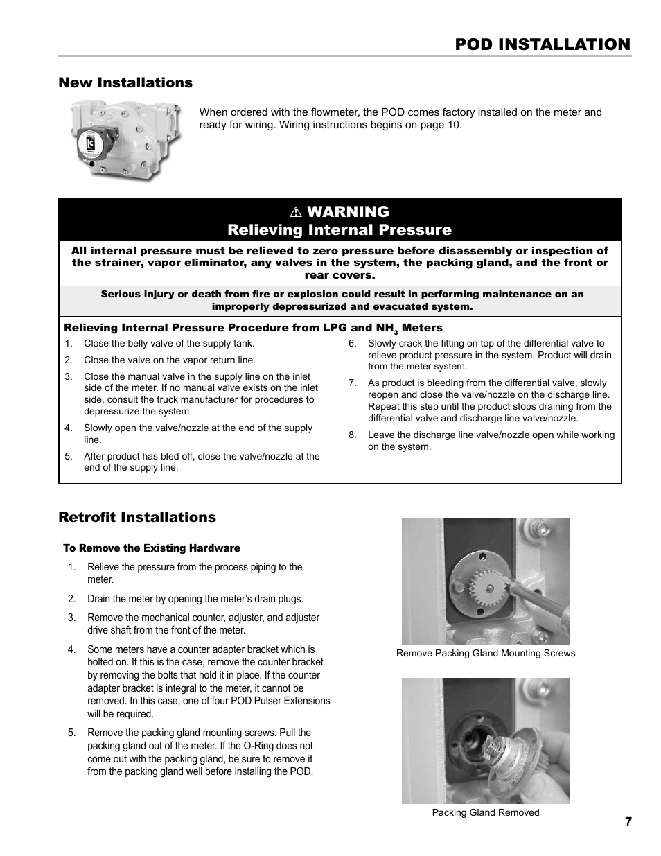 Pod installation, Warning relieving internal pressure, New installations | Retrofit installations | Liquid Controls POD User Manual | Page 7 / 16