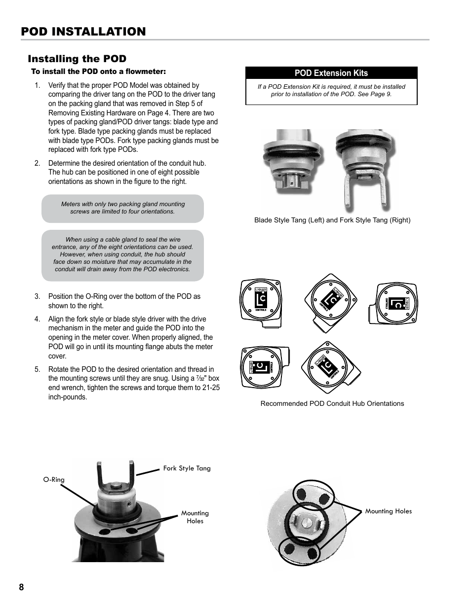 Pod installation, Installing the pod | Liquid Controls POD User Manual | Page 8 / 16