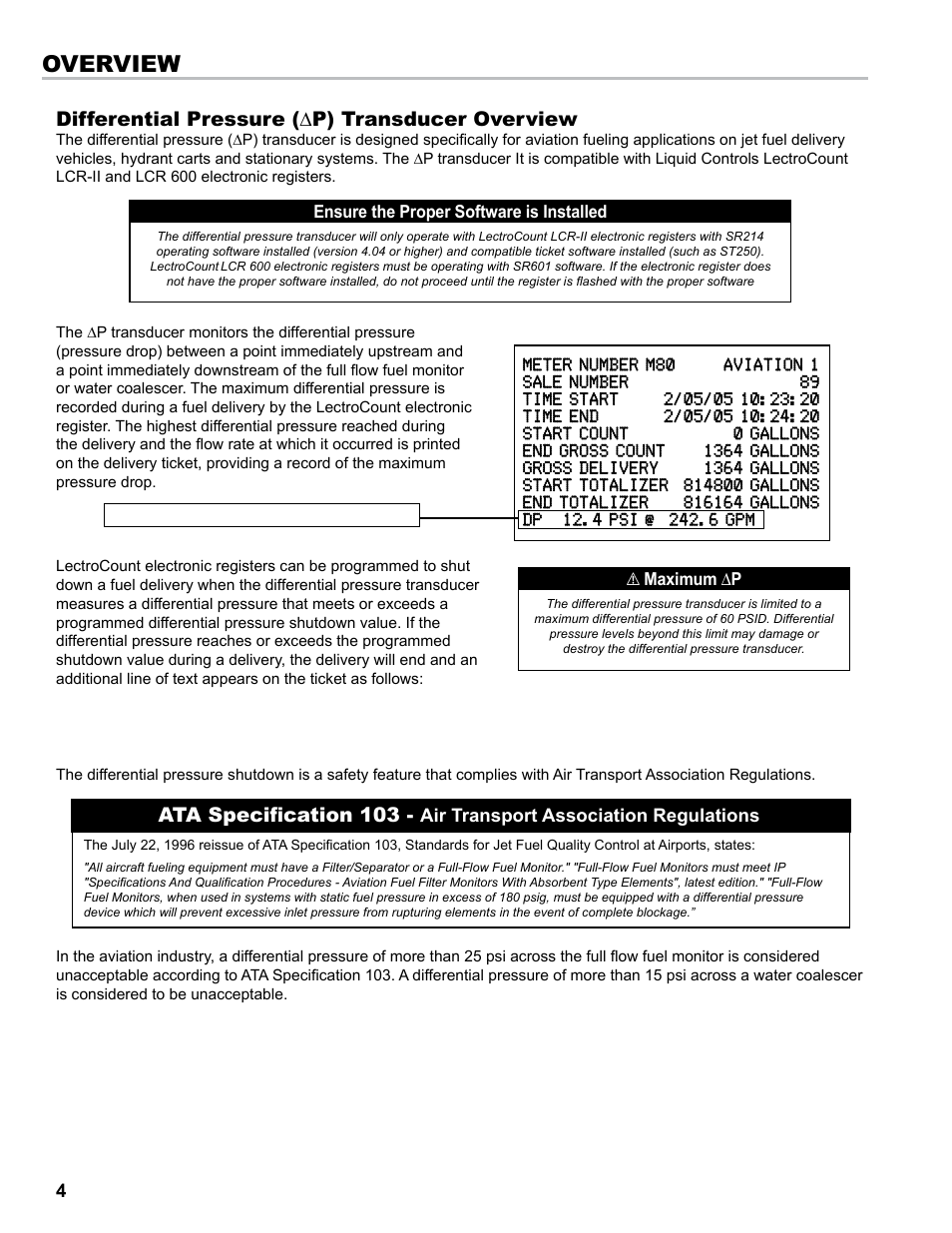 Overview, Over-pressure shutdown, Differential pressure (∆p) transducer overview | Ata specification 103 | Liquid Controls Differential Pressure Transducer User Manual | Page 4 / 12