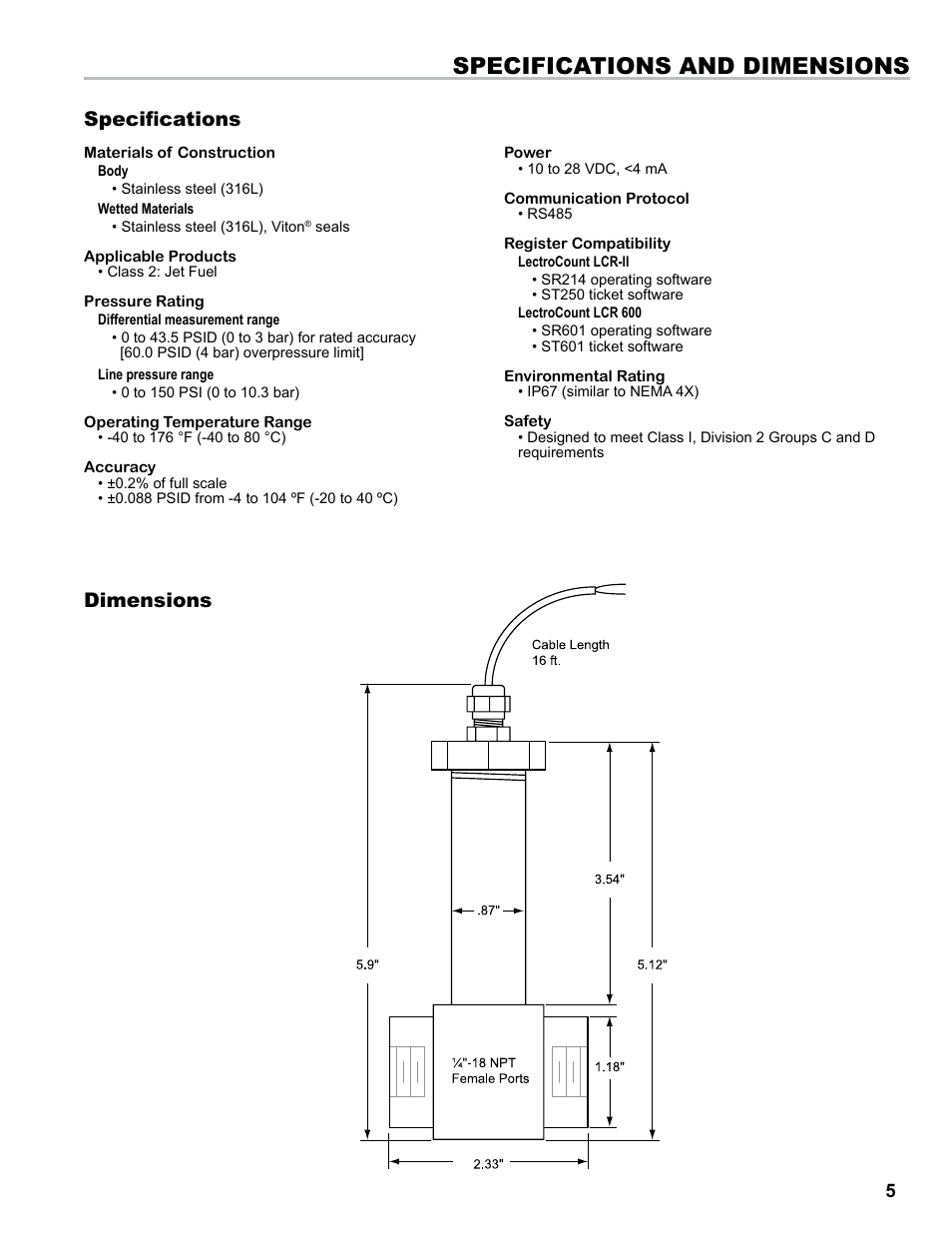 Specifications and dimensions, Specifications dimensions | Liquid Controls Differential Pressure Transducer User Manual | Page 5 / 12