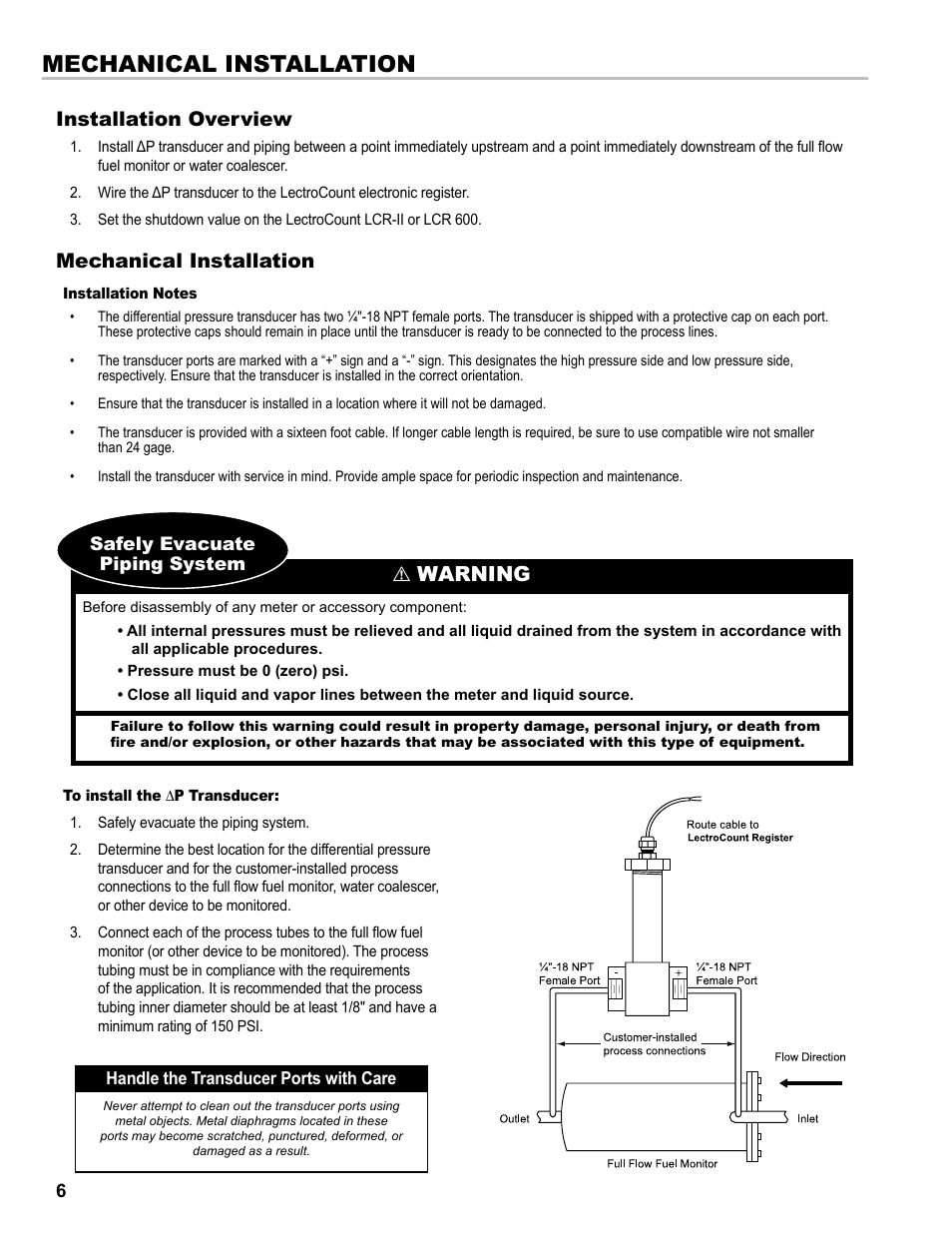 Installation overview, Mechanical installation, Warning be prepared | Liquid Controls Differential Pressure Transducer User Manual | Page 6 / 12