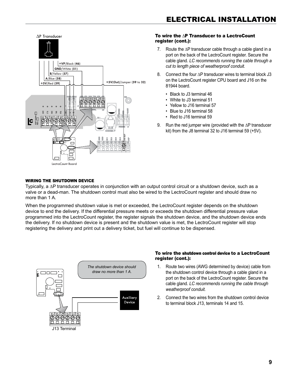 Electrical installation, P transducer, J13 terminal wiring the shutdown device | Liquid Controls Differential Pressure Transducer User Manual | Page 9 / 12