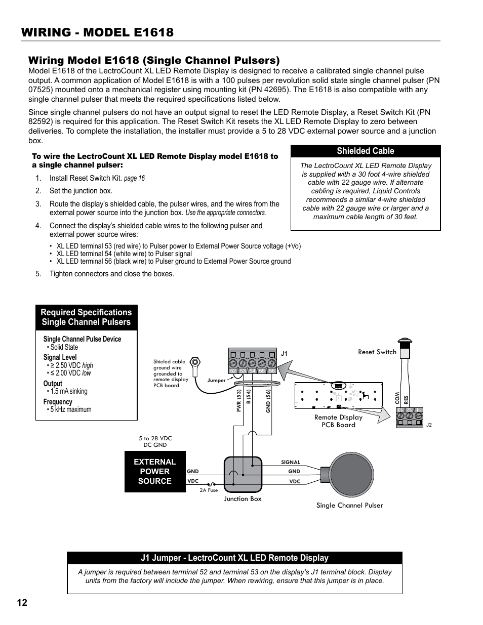 Wiring - model e1618, Wiring model e1618 (single channel pulsers) | Liquid Controls XL LED Display E1615_E1616_E1617_E1618 User Manual | Page 12 / 20