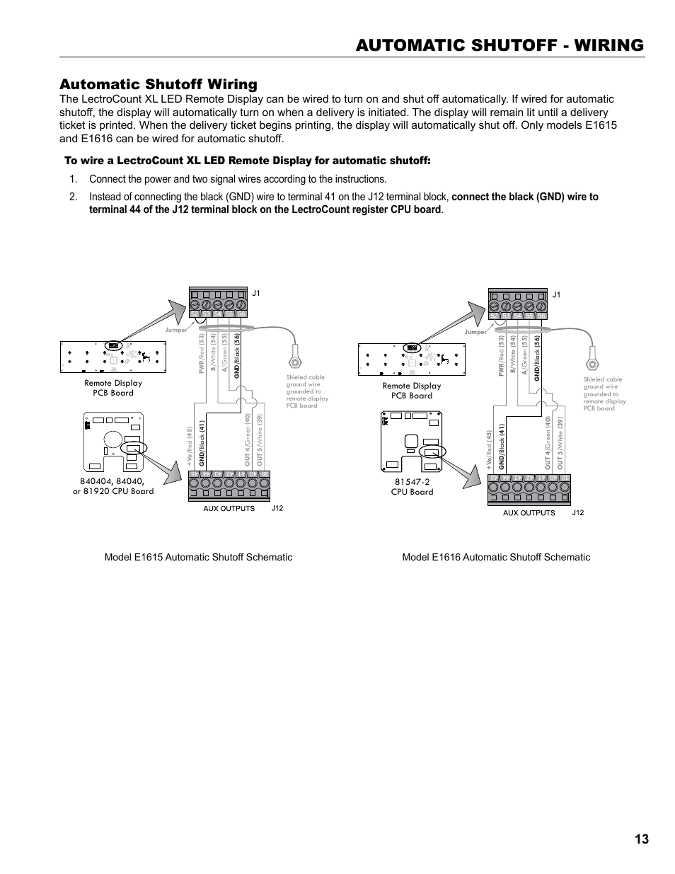 Automatic shutoff - wiring, Automatic shutoff wiring | Liquid Controls XL LED Display E1615_E1616_E1617_E1618 User Manual | Page 13 / 20