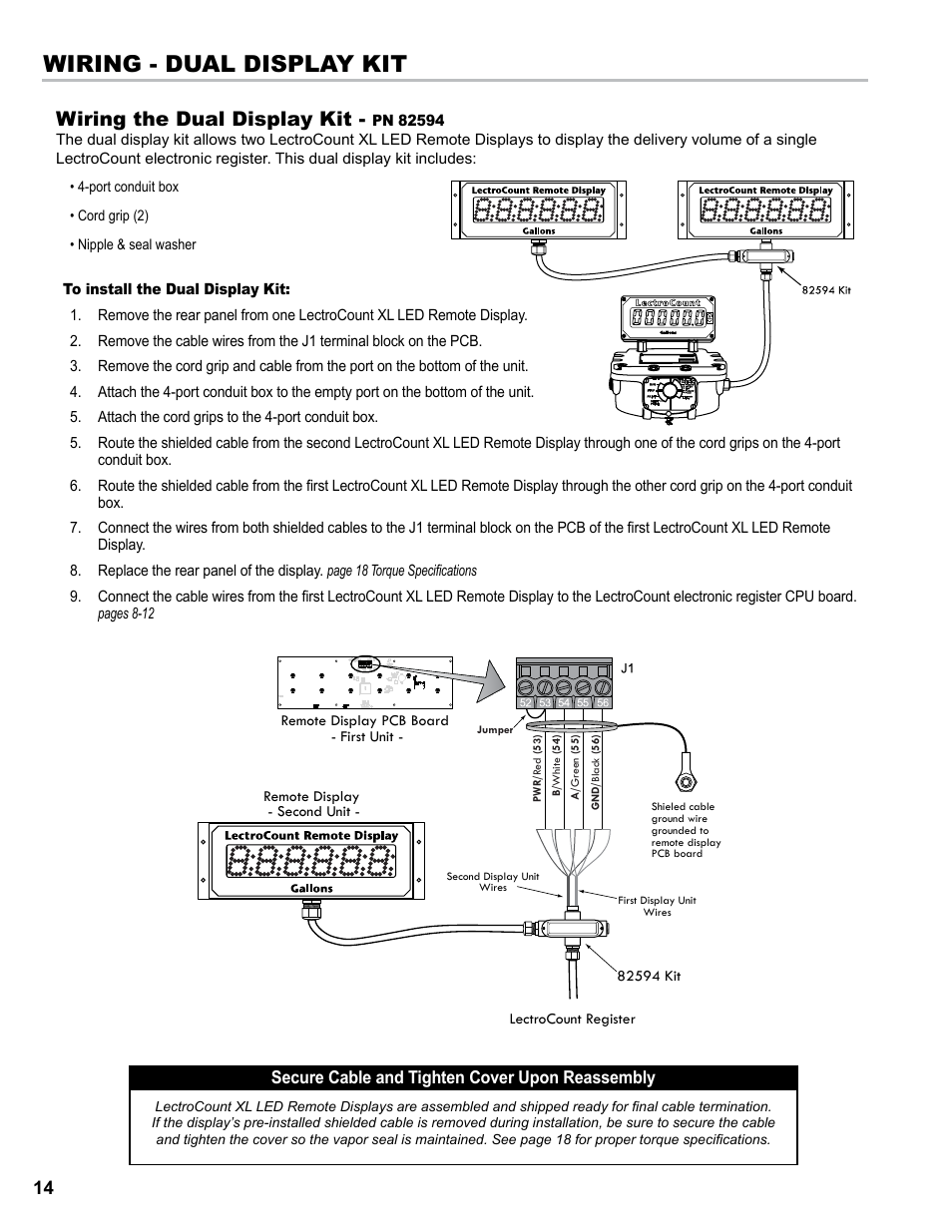 Wiring - dual display kit, Wiring the dual display kit, Secure cable and tighten cover upon reassembly | Liquid Controls XL LED Display E1615_E1616_E1617_E1618 User Manual | Page 14 / 20