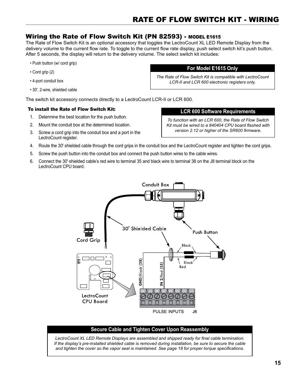 Rate of flow switch kit - wiring | Liquid Controls XL LED Display E1615_E1616_E1617_E1618 User Manual | Page 15 / 20