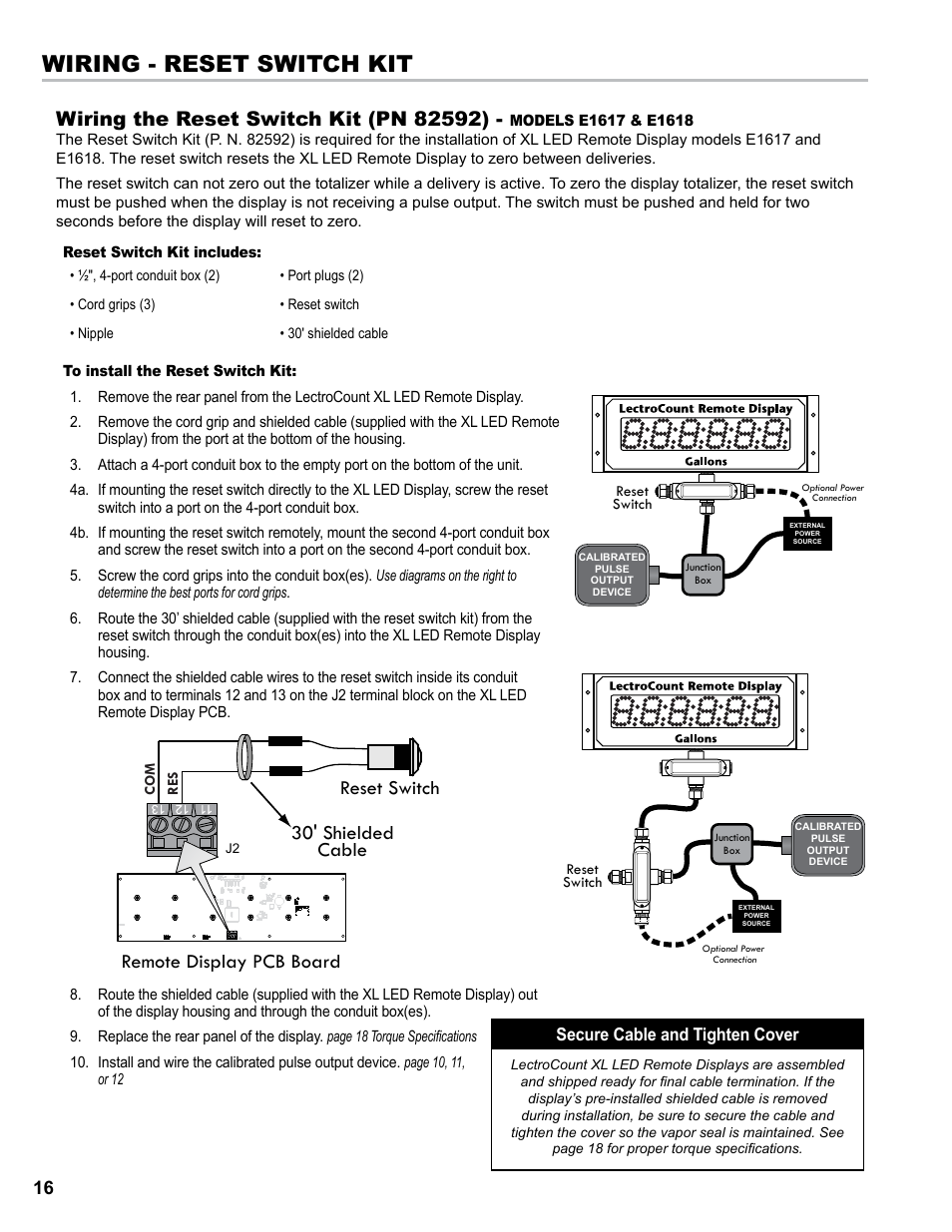 Wiring - reset switch kit, Reset switch 30' shielded cable, Remote display pcb board | Liquid Controls XL LED Display E1615_E1616_E1617_E1618 User Manual | Page 16 / 20