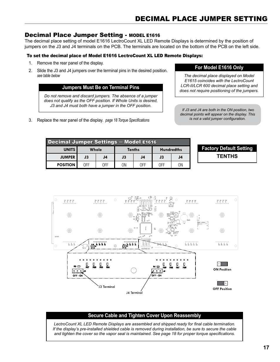 Decimal place jumper setting | Liquid Controls XL LED Display E1615_E1616_E1617_E1618 User Manual | Page 17 / 20