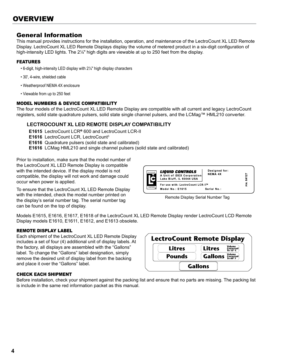Overview, General information | Liquid Controls XL LED Display E1615_E1616_E1617_E1618 User Manual | Page 4 / 20