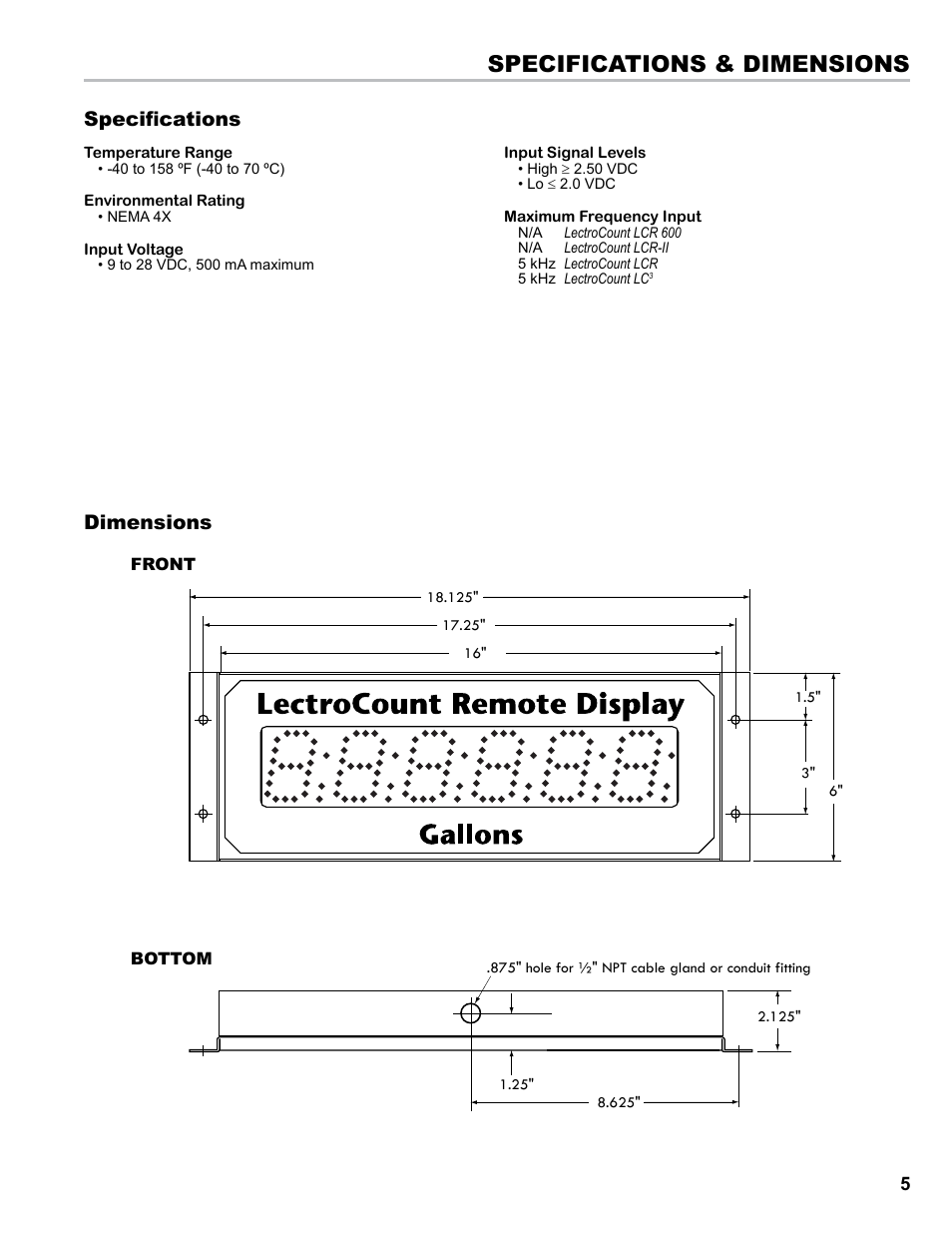 Specifications & dimensions, Specifications dimensions | Liquid Controls XL LED Display E1615_E1616_E1617_E1618 User Manual | Page 5 / 20