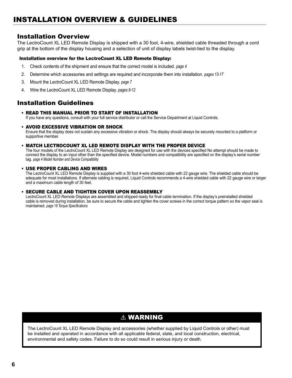 Installation overview & guidelines, Warning installation overview, Installation guidelines | Liquid Controls XL LED Display E1615_E1616_E1617_E1618 User Manual | Page 6 / 20