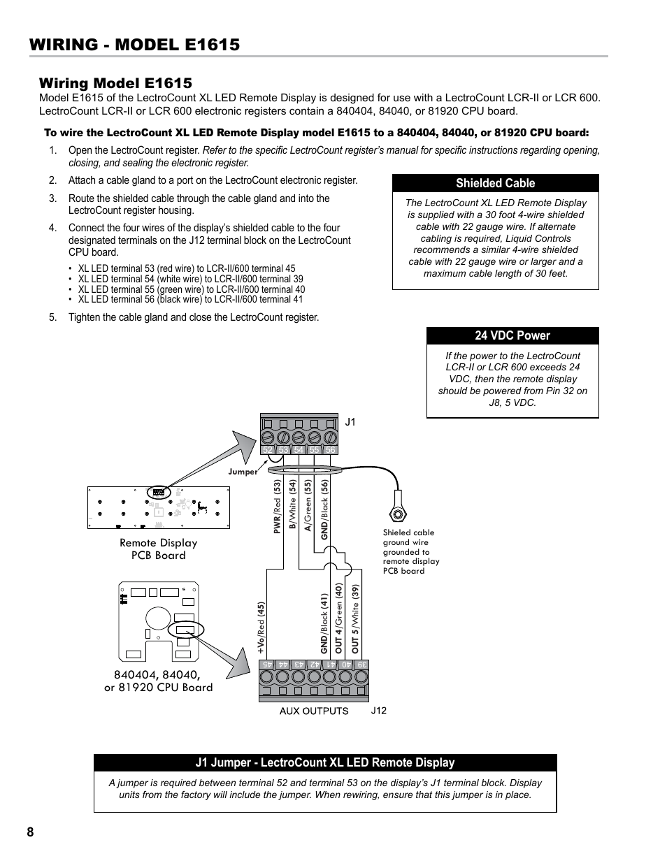 Wiring - model e1615, Wiring model e1615 | Liquid Controls XL LED Display E1615_E1616_E1617_E1618 User Manual | Page 8 / 20
