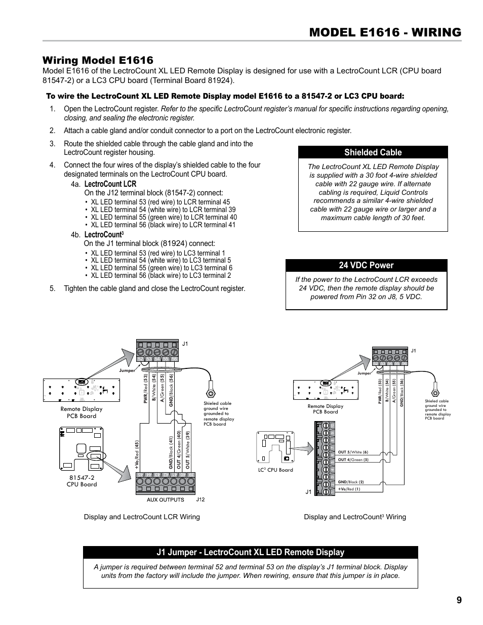 Model e1616 - wiring, Wiring model e1616, Lectrocount lcr | Lectrocount, J1 jumper - lectrocount xl led remote display, Shielded cable, 24 vdc power | Liquid Controls XL LED Display E1615_E1616_E1617_E1618 User Manual | Page 9 / 20