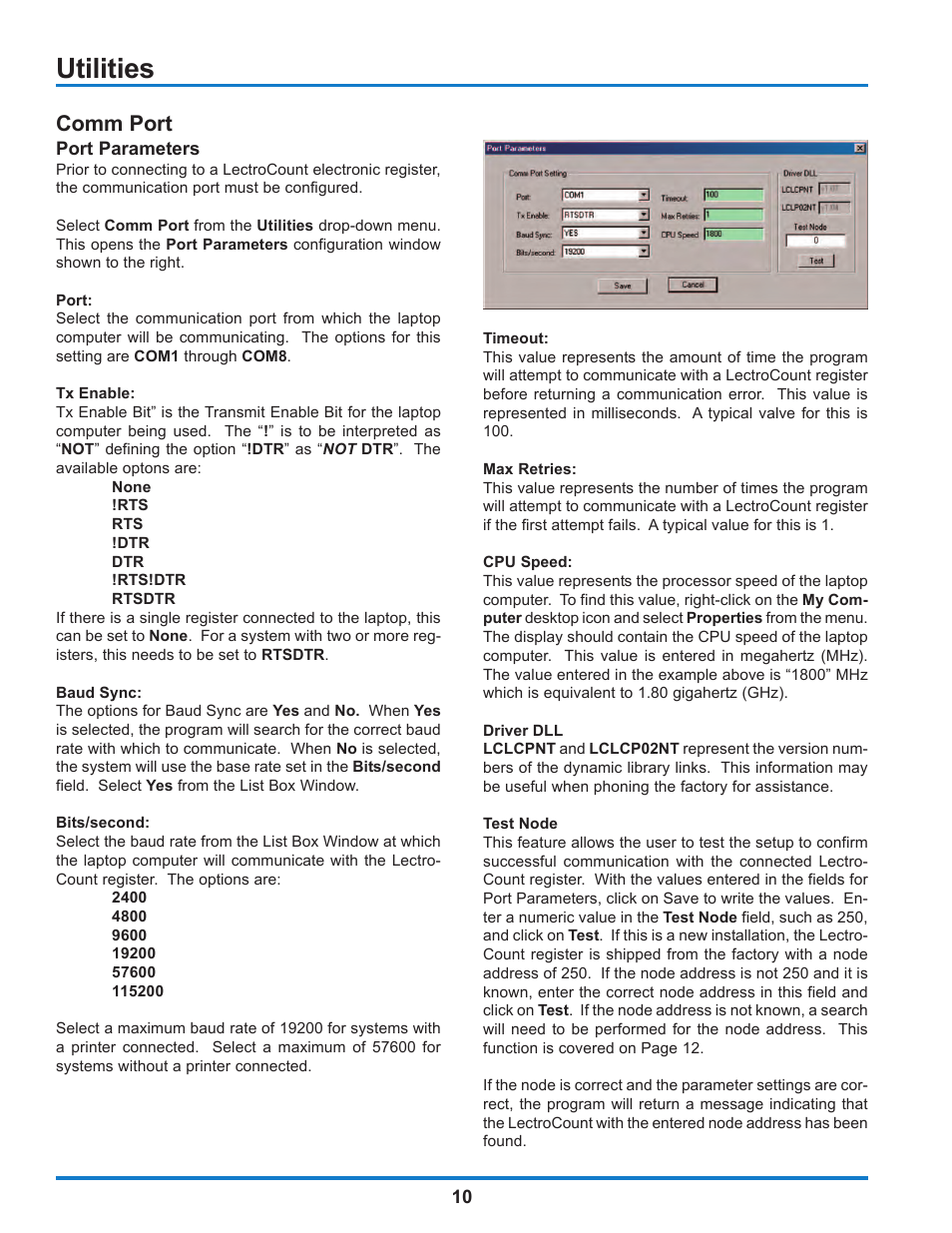 Utilities, Comm port | Liquid Controls WinHost Operation User Manual | Page 10 / 44