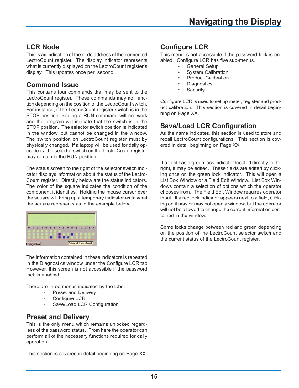 Navigating the display, Lcr node, Command issue | Preset and delivery, Configure lcr, Save/load lcr configuration | Liquid Controls WinHost Operation User Manual | Page 15 / 44