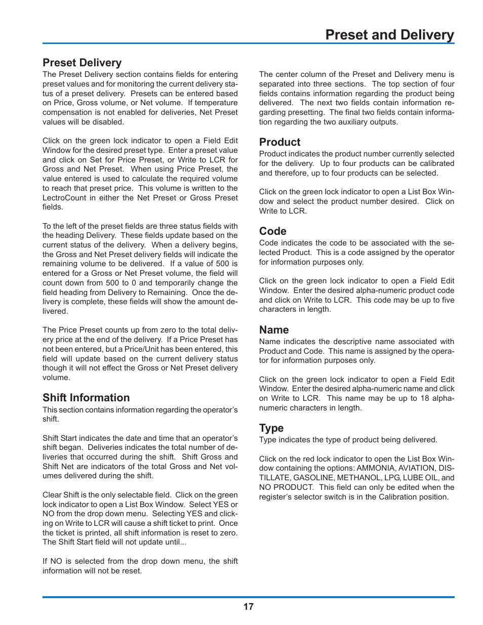 Preset and delivery, Preset delivery, Shift information | Product, Code, Name, Type | Liquid Controls WinHost Operation User Manual | Page 17 / 44