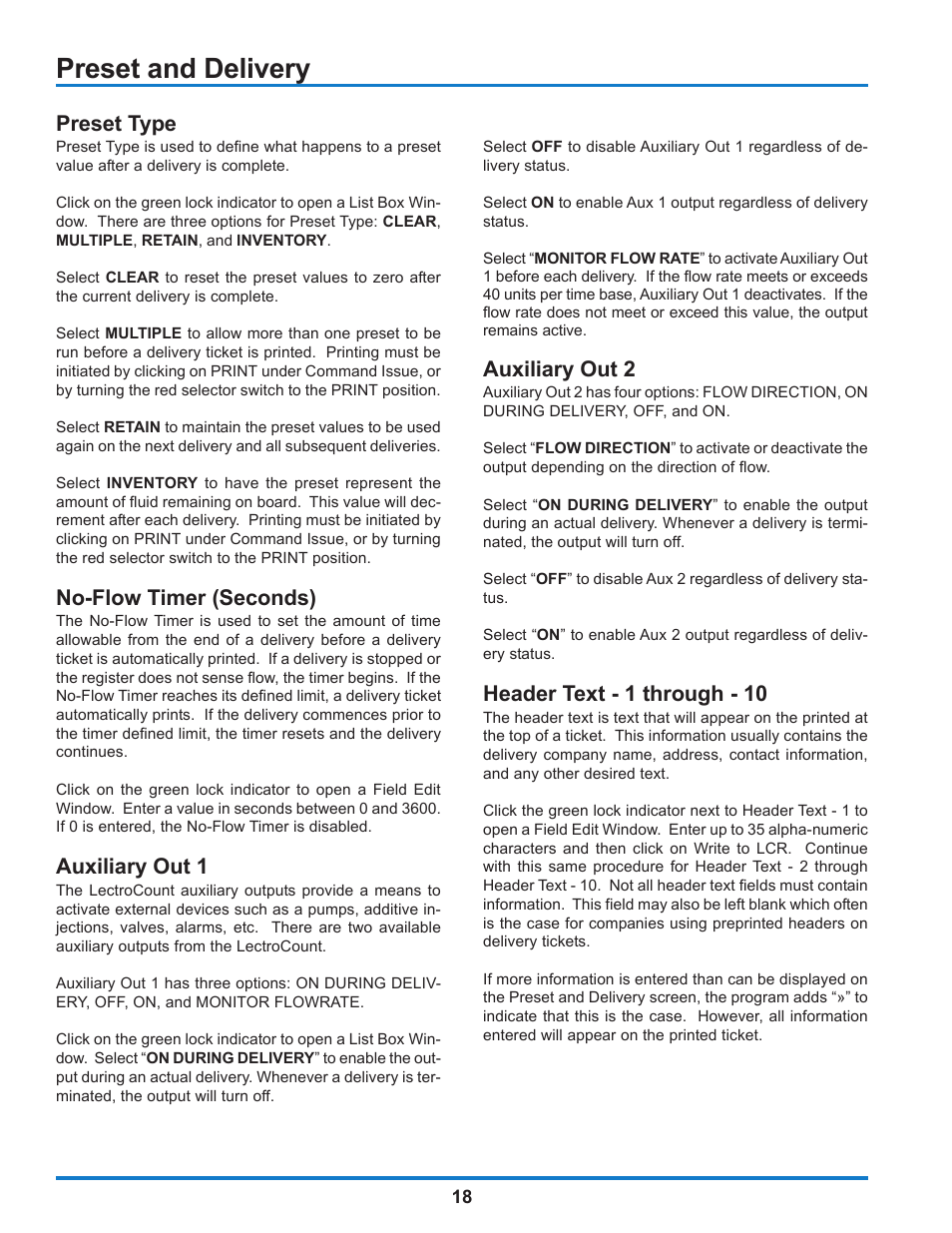 Preset and delivery, Preset type, No-flow timer (seconds) | Auxiliary out 1, Auxiliary out 2, Header text - 1 through - 10 | Liquid Controls WinHost Operation User Manual | Page 18 / 44