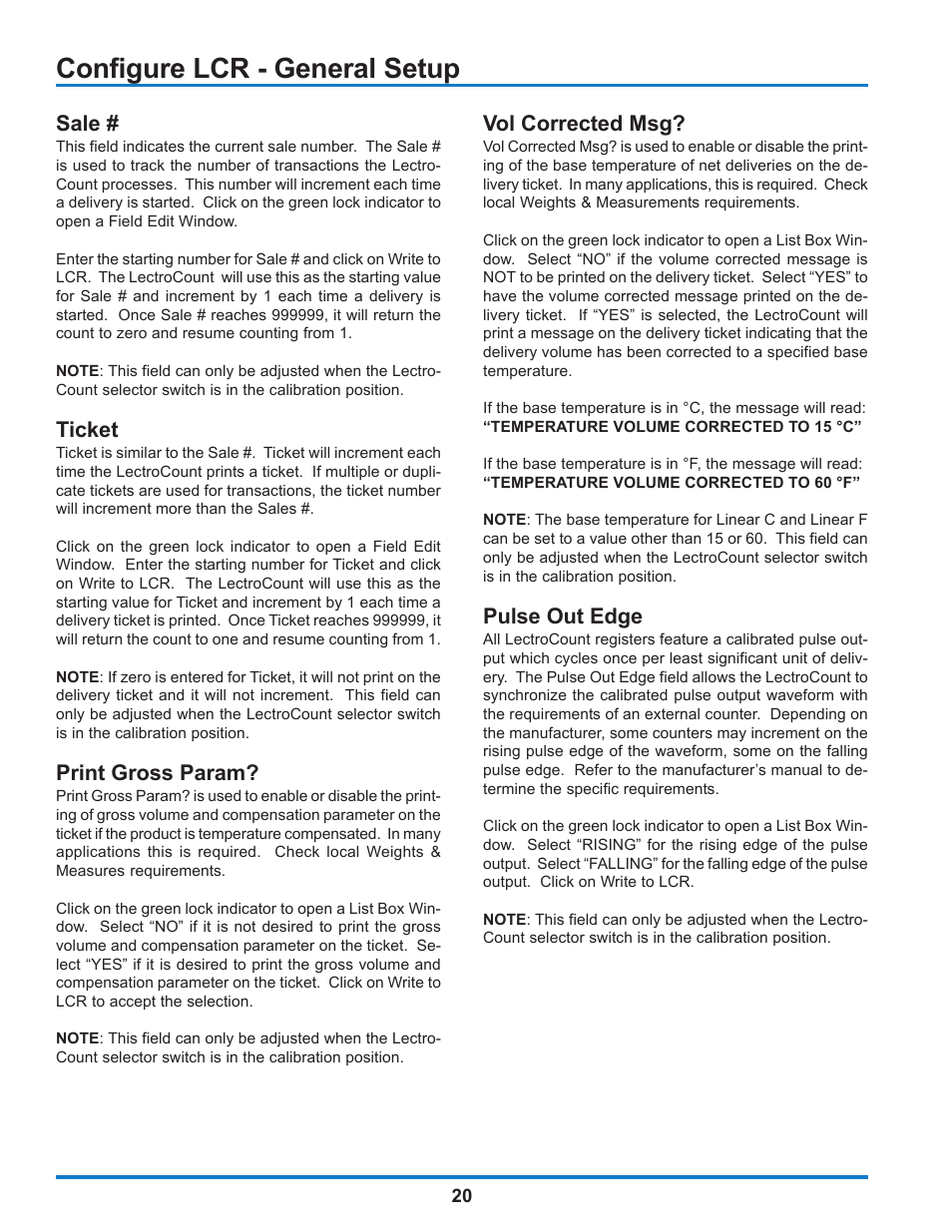 Configure lcr - general setup, Sale, Ticket | Print gross param, Vol corrected msg, Pulse out edge | Liquid Controls WinHost Operation User Manual | Page 20 / 44