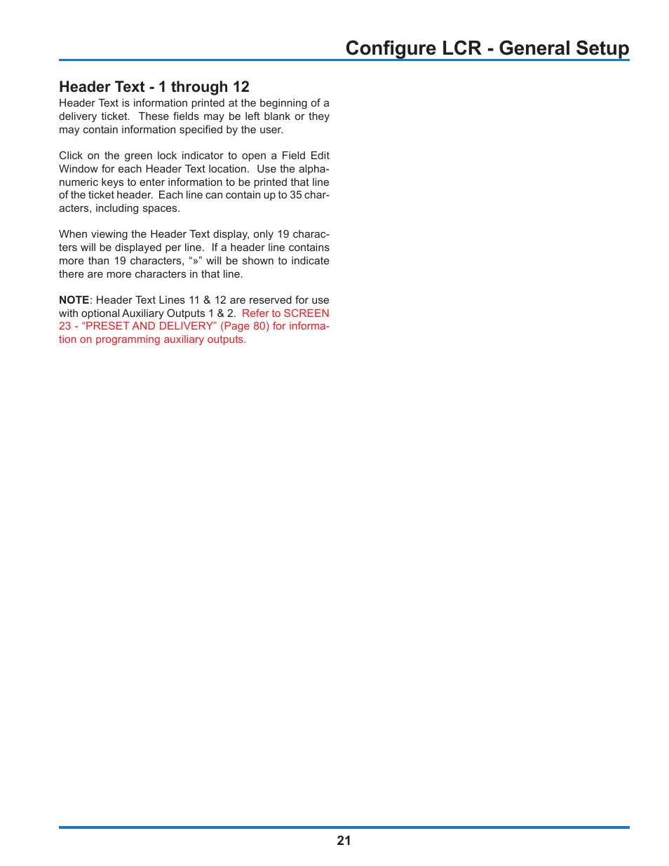 Configure lcr - general setup, Header text - 1 through 12 | Liquid Controls WinHost Operation User Manual | Page 21 / 44