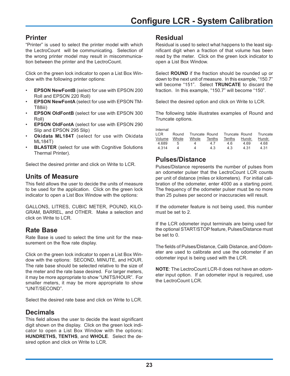 Configure lcr - system calibration, Printer, Units of measure | Rate base, Decimals, Residual, Pulses/distance | Liquid Controls WinHost Operation User Manual | Page 23 / 44