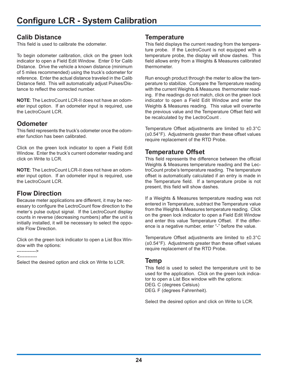 Configure lcr - system calibration, Calib distance, Odometer | Flow direction, Temperature, Temperature offset, Temp | Liquid Controls WinHost Operation User Manual | Page 24 / 44