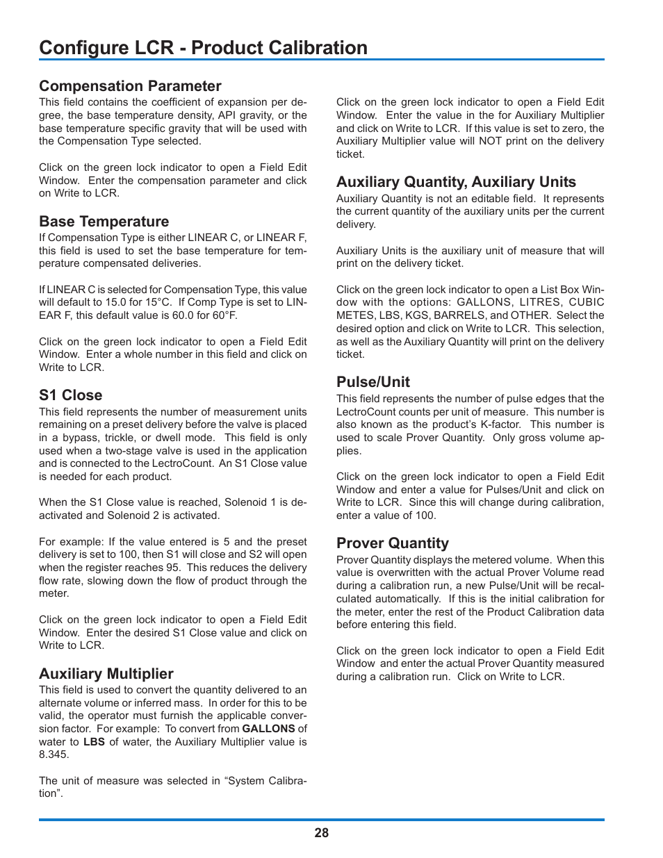 Configure lcr - product calibration, Compensation parameter, Base temperature | S1 close, Auxiliary multiplier, Auxiliary quantity, auxiliary units, Pulse/unit, Prover quantity | Liquid Controls WinHost Operation User Manual | Page 28 / 44