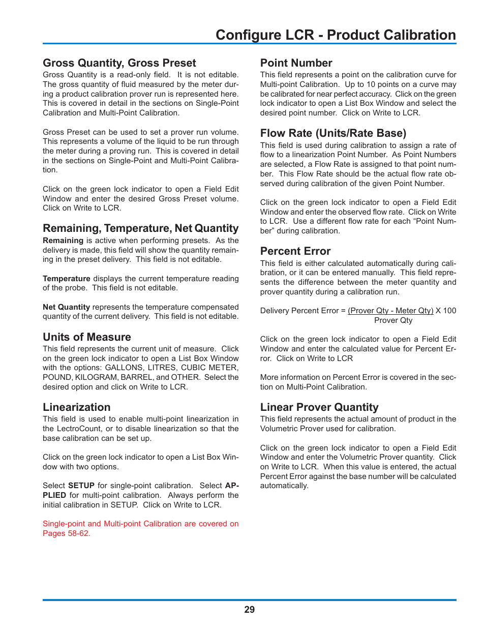 Configure lcr - product calibration, Gross quantity, gross preset, Remaining, temperature, net quantity | Units of measure, Linearization, Point number, Flow rate (units/rate base), Percent error, Linear prover quantity | Liquid Controls WinHost Operation User Manual | Page 29 / 44