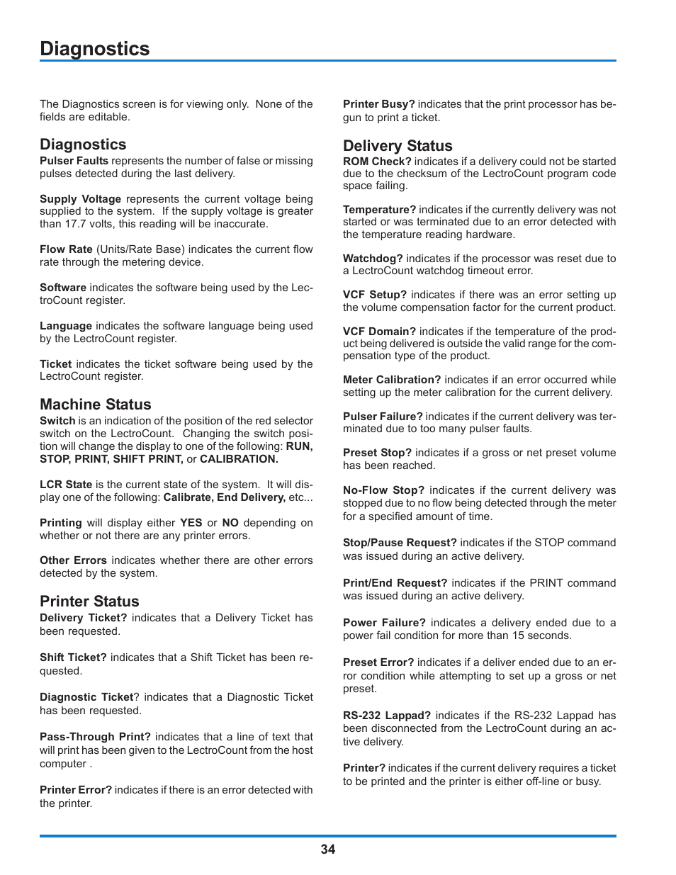Diagnostics, Machine status, Printer status | Delivery status | Liquid Controls WinHost Operation User Manual | Page 34 / 44