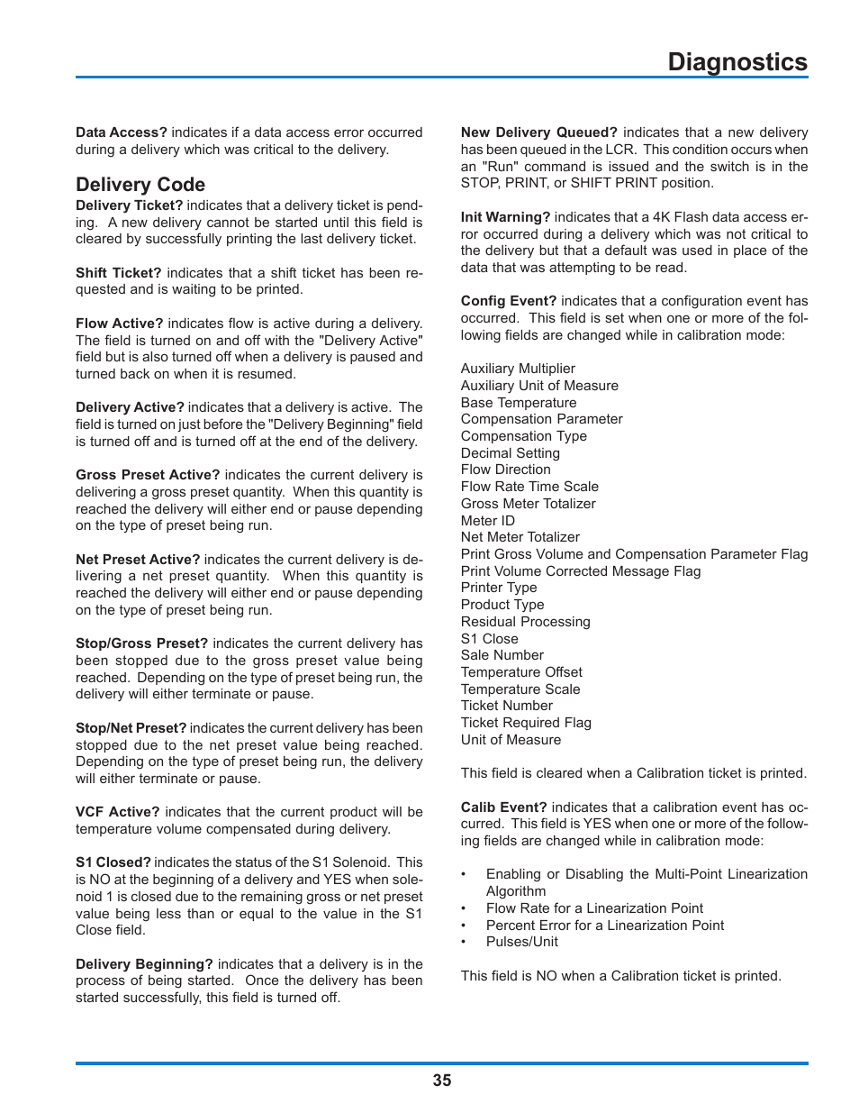 Diagnostics, Delivery code | Liquid Controls WinHost Operation User Manual | Page 35 / 44