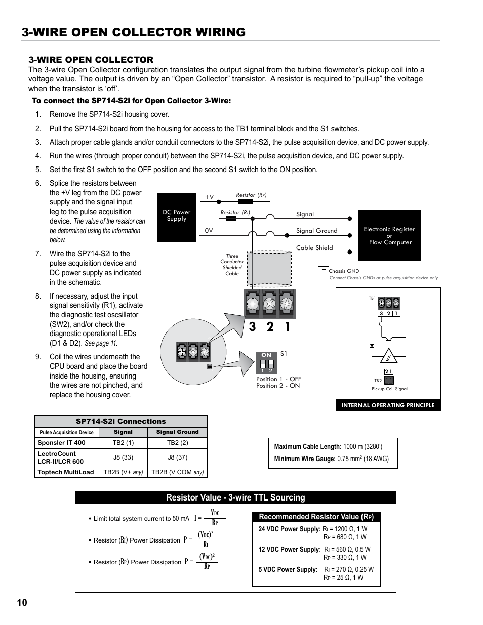 Wire open collector wiring, Wire open collector, Resistor value - 3-wire ttl sourcing | Liquid Controls SP714-S2i User Manual | Page 10 / 12