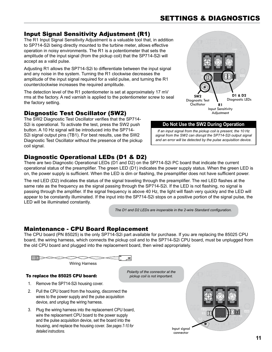 Settings & diagnostics, Input signal sensitivity adjustment (r1), Diagnostic operational leds (d1 & d2) | Diagnostic test oscillator (sw2), Maintenance - cpu board replacement, Do not use the sw2 during operation | Liquid Controls SP714-S2i User Manual | Page 11 / 12