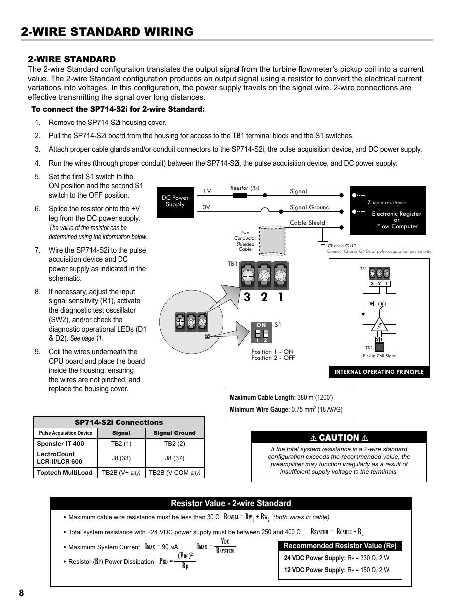 Wire standard wiring, Wire standard, Caution | Resistor value - 2-wire standard | Liquid Controls SP714-S2i User Manual | Page 8 / 12