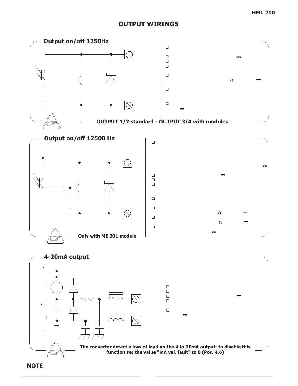 Output wirings, Output on/off 1250hz, 20ma output | Liquid Controls HML210 IOM - LCMag User Manual | Page 16 / 44