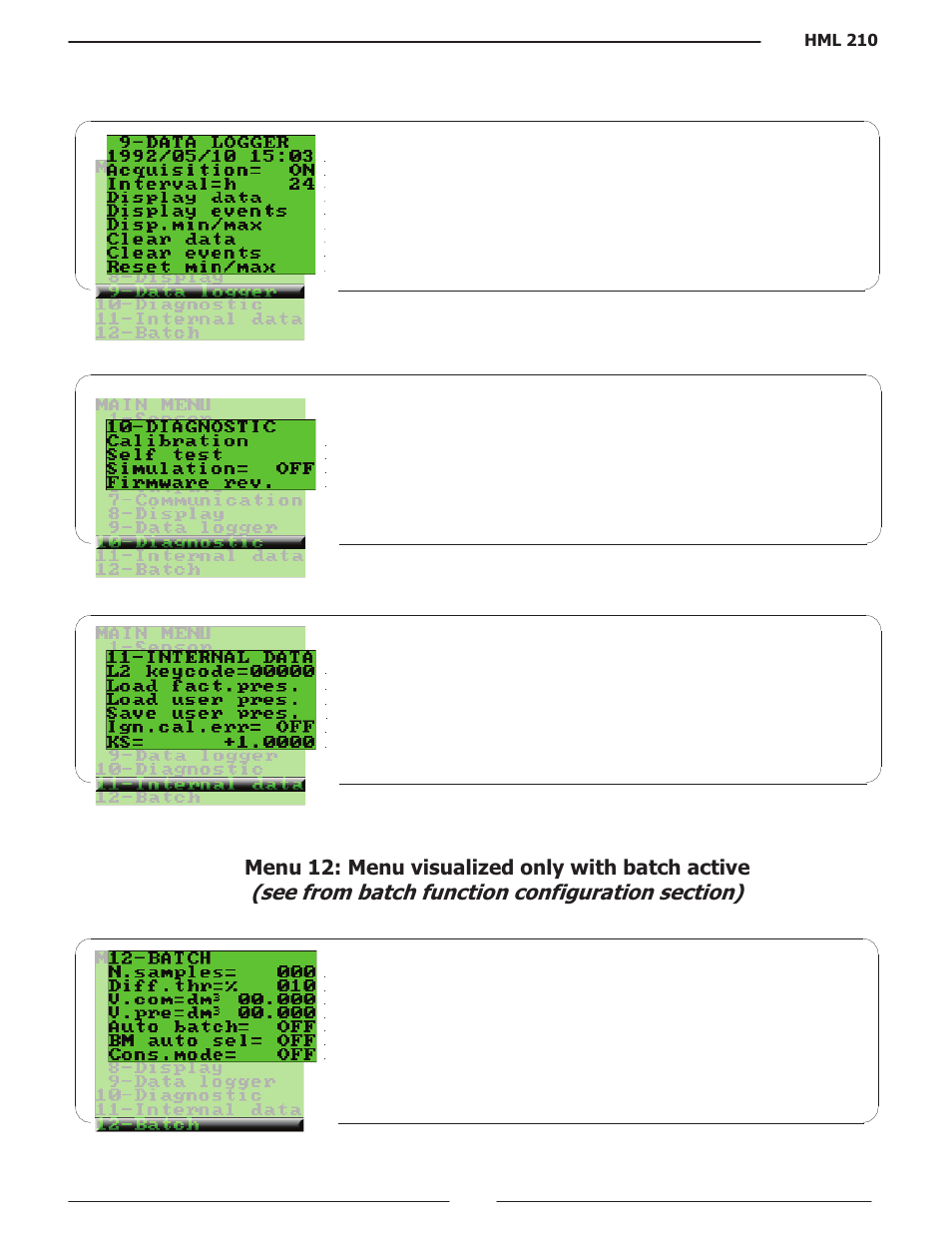 Menu 12: menu visualized only with batch active | Liquid Controls HML210 IOM - LCMag User Manual | Page 28 / 44