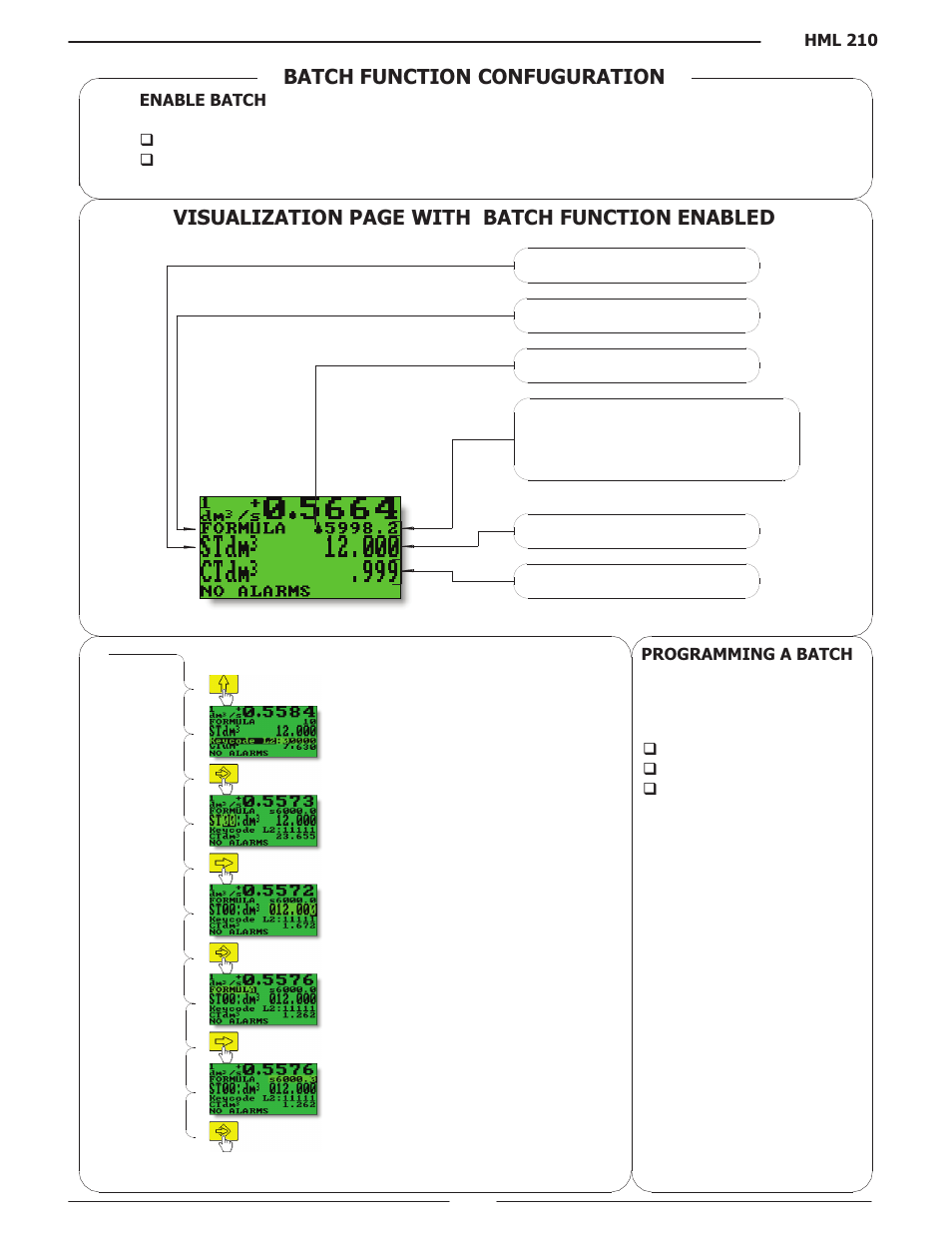 Batch function confuguration, Visualization page with batch function enabled | Liquid Controls HML210 IOM - LCMag User Manual | Page 38 / 44