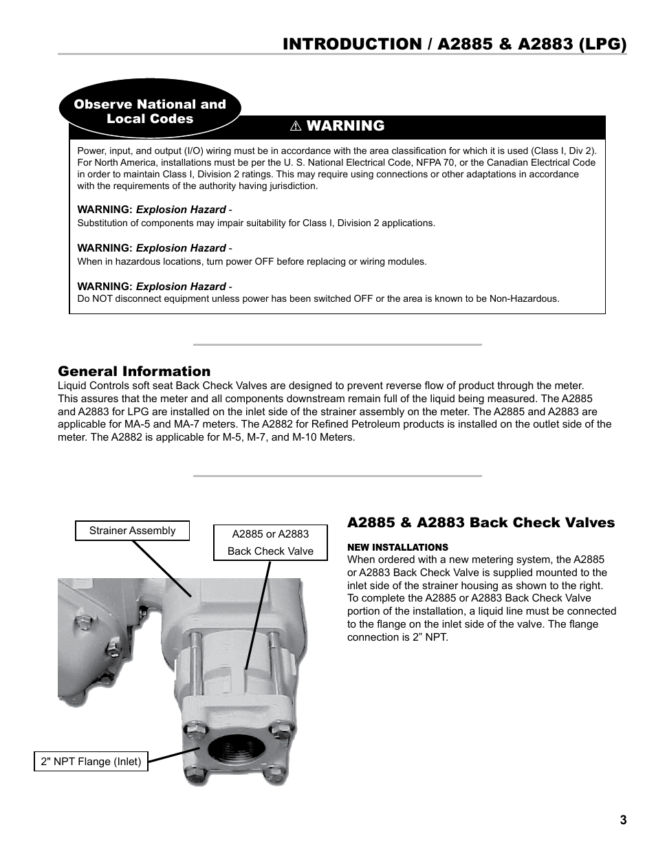 Warning, General information | Liquid Controls Back Check Valves A2885 & A2883 LPG, A2882 Refined Fuels User Manual | Page 3 / 8