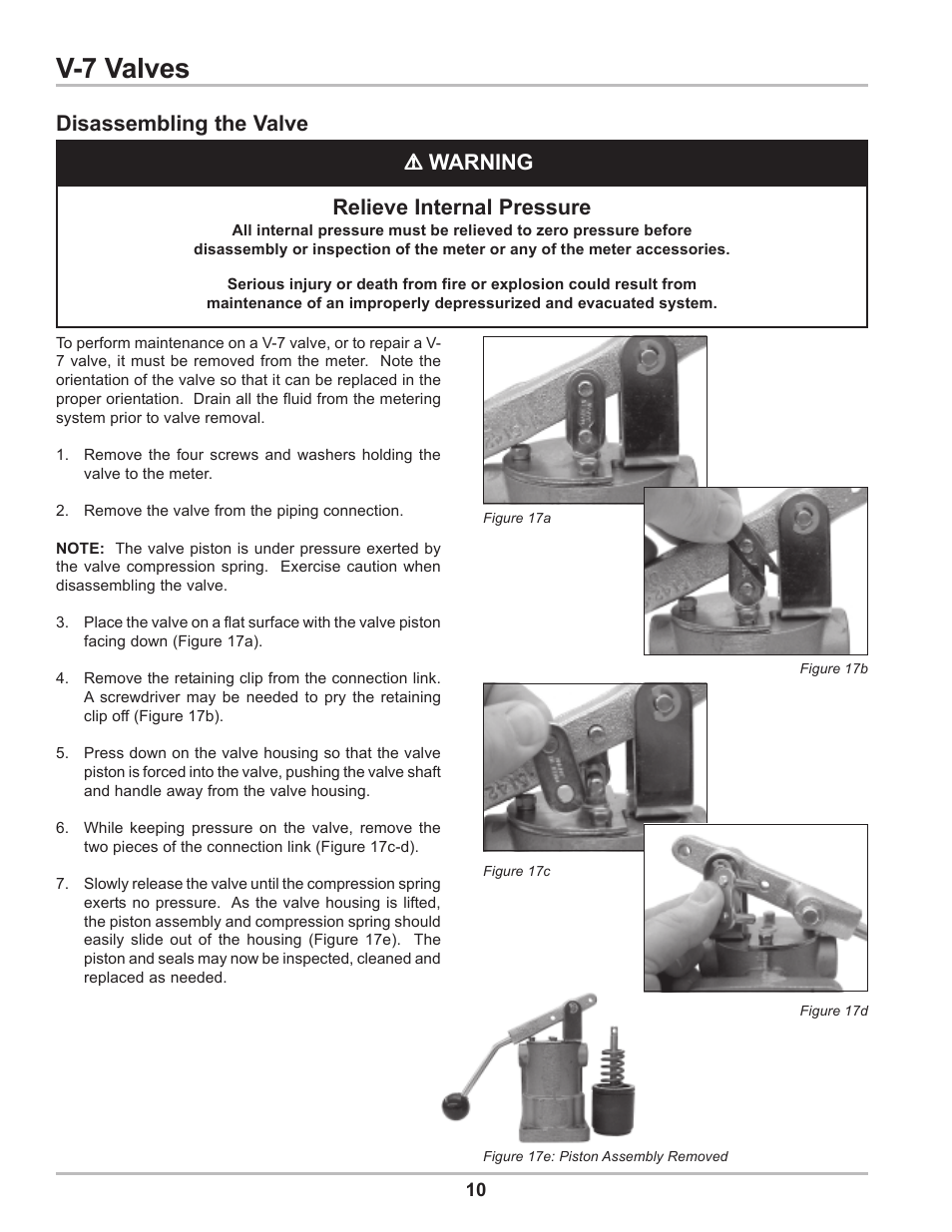 V-7 valves, Disassembling the valve, Warning relieve internal pressure | Liquid Controls V-7 Valves User Manual | Page 10 / 16