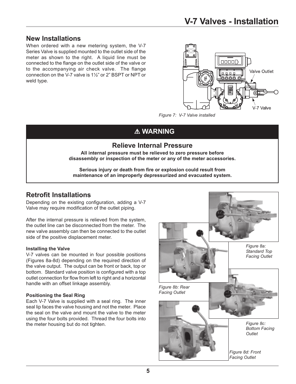 V-7 valves - installation, New installations retrofit installations, Warning relieve internal pressure | Liquid Controls V-7 Valves User Manual | Page 5 / 16