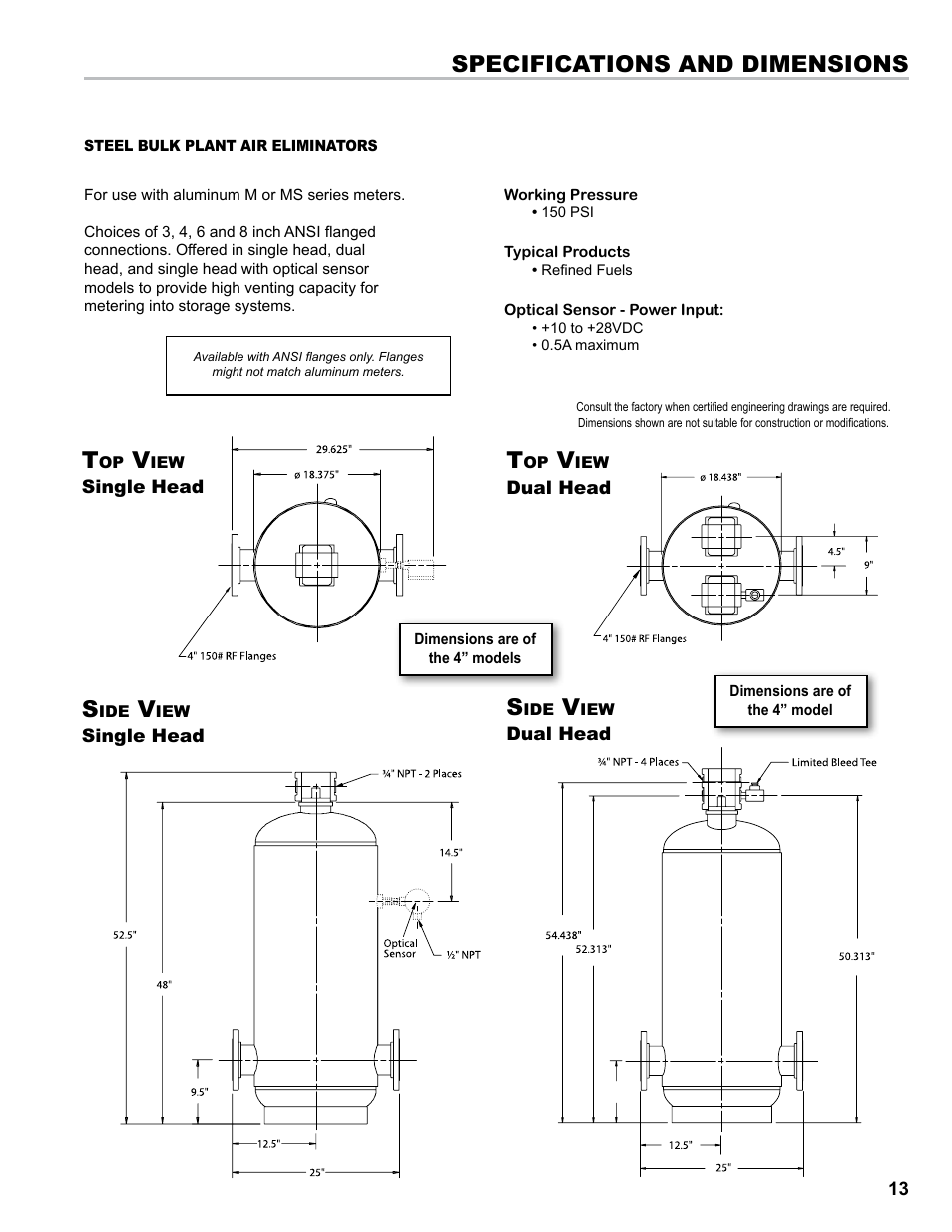 Specifications and dimensions s | Liquid Controls Mechanical Eliminators User Manual | Page 13 / 32