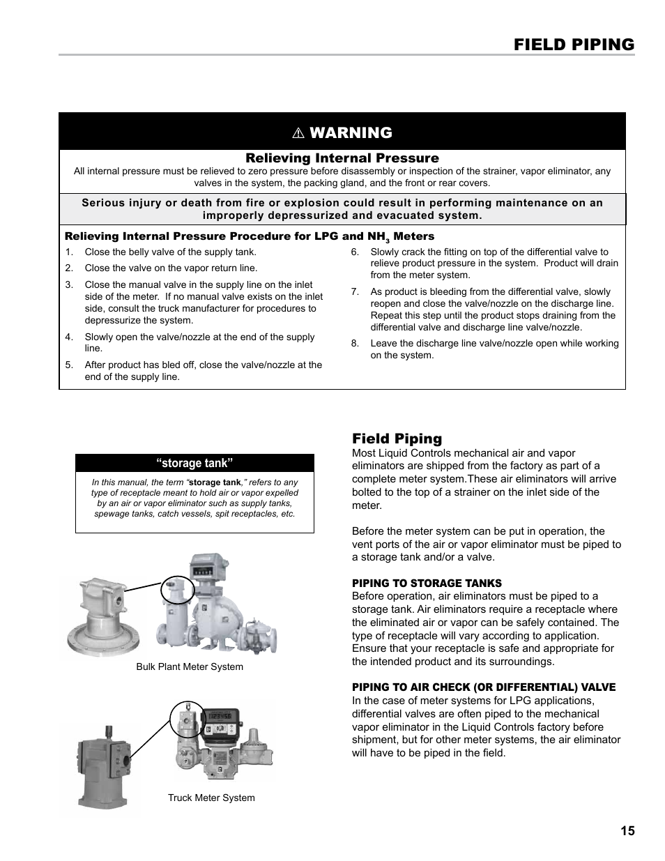 Field piping, Warning | Liquid Controls Mechanical Eliminators User Manual | Page 15 / 32