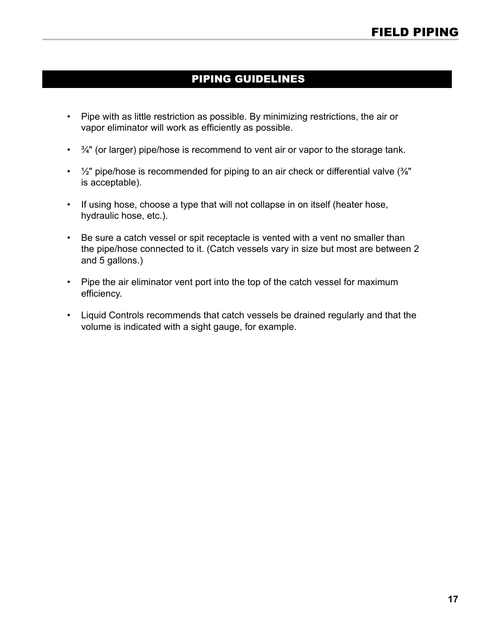 Field piping | Liquid Controls Mechanical Eliminators User Manual | Page 17 / 32