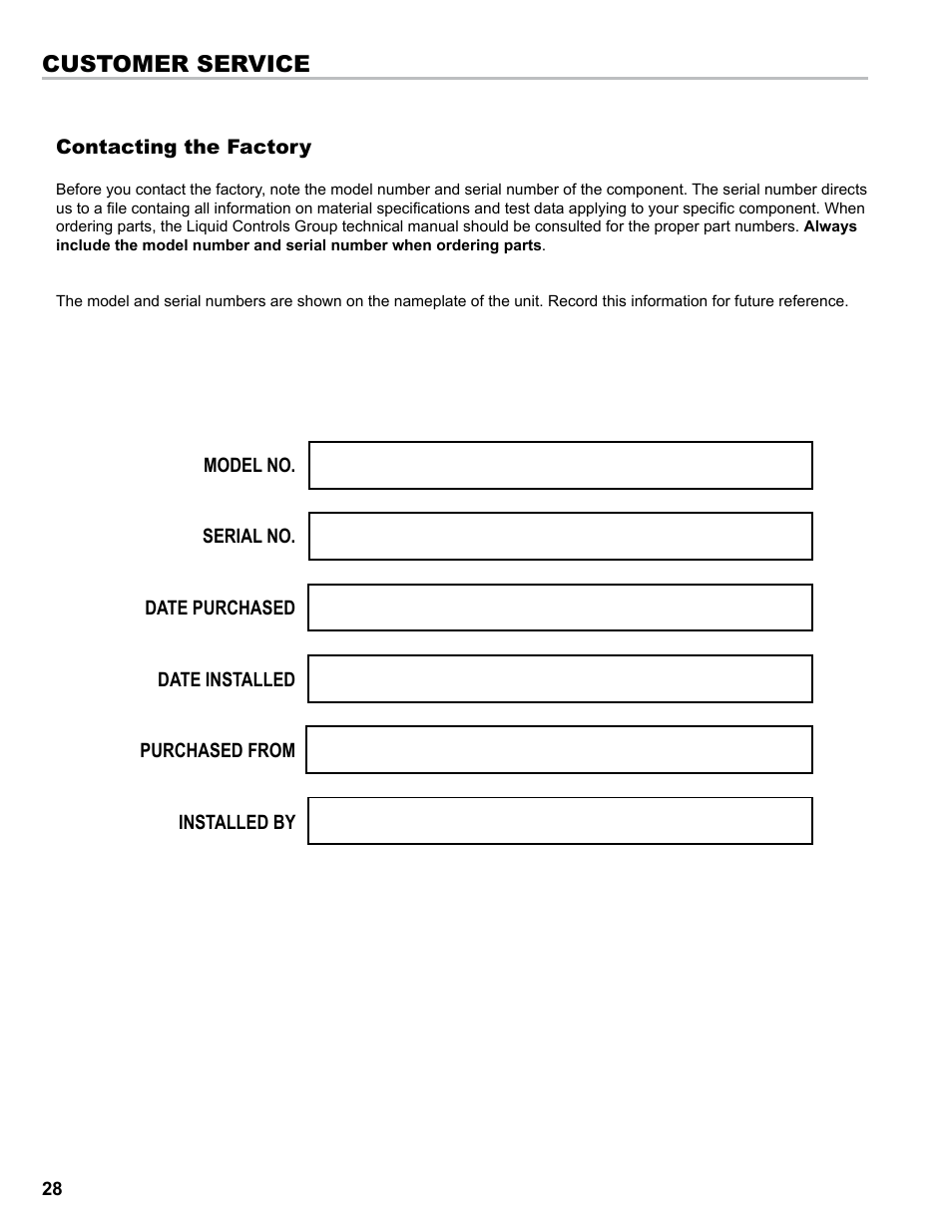 Customer service | Liquid Controls Mechanical Eliminators User Manual | Page 28 / 32